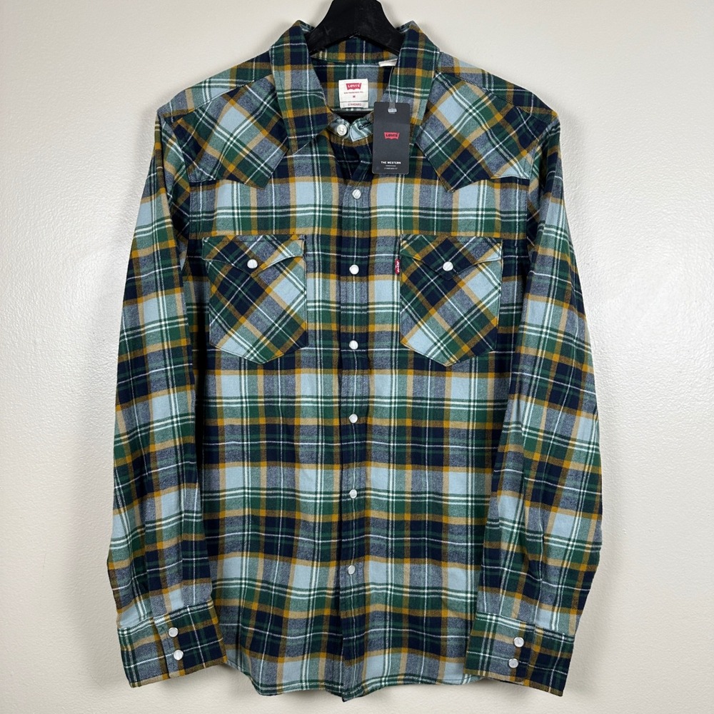 Levi's Men's‎ Medium Western Shirt Green Yellow Plaid Snap Front Flannel NEW